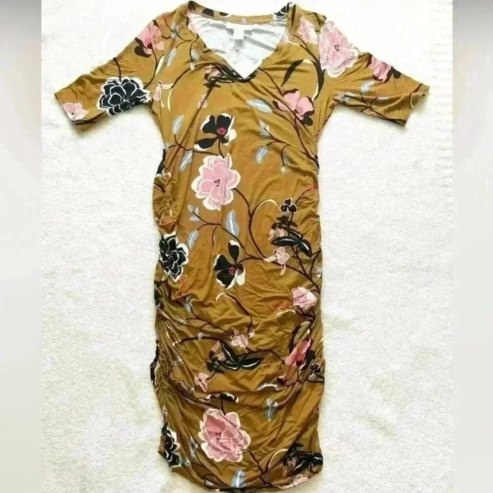 Mustard Floral V-Neck Ruched Midi Dress - Unbranded